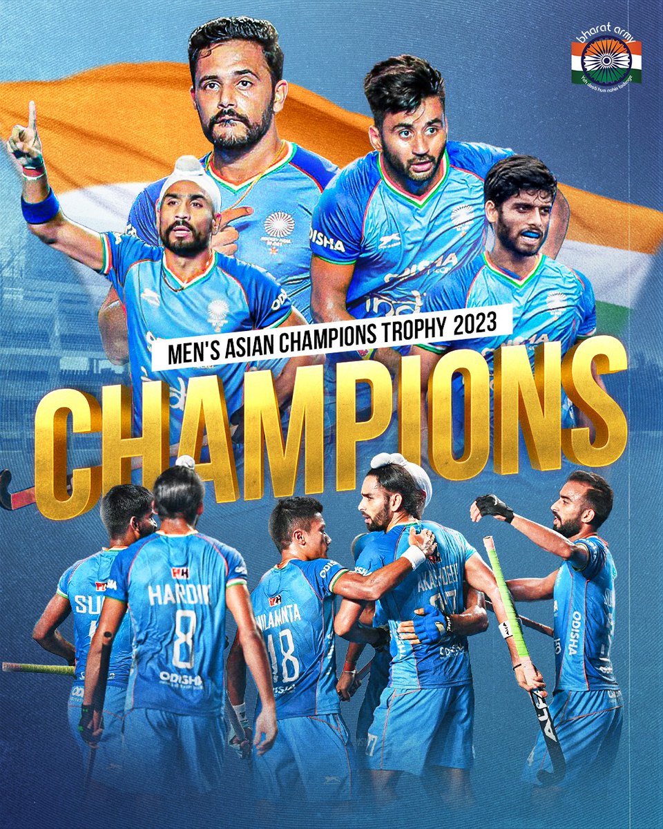 thebharatarmy's tweet photo. 🏒🇮🇳 𝐂𝐇𝐀𝐊 𝐃𝐄 𝐈𝐍𝐃𝐈𝐀! The Asian Champions Trophy has been clinched by Team India for the 4⃣th time, as we stay undefeated throughout the tournament. 🔥

🏆 It was an exceptional final, as India made a terrific comeback after being 3-1 at one stage and then winning with the trophy with a goal lead.

👏 Our skipper Harmanpreet Singh dominated the tournament with his drag flicks, emerging as the leading goal scorer.

📷 Pics belongs to the respective owners • #HockeyIndia #IndiaKaGame #HACT2023 #TeamIndia #BharatArmy #COTI🇮🇳