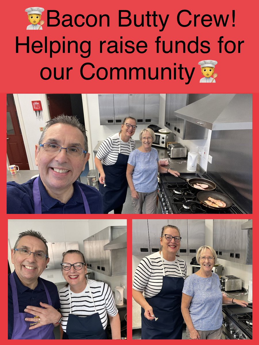 The Bacon Butty Crew (BBC) out in force this morning. 

Deb chief bacon wrangler, Gwen order taker and Darren beverage boy😂

Helping raise community funds at the Methodist Church in Horbury.