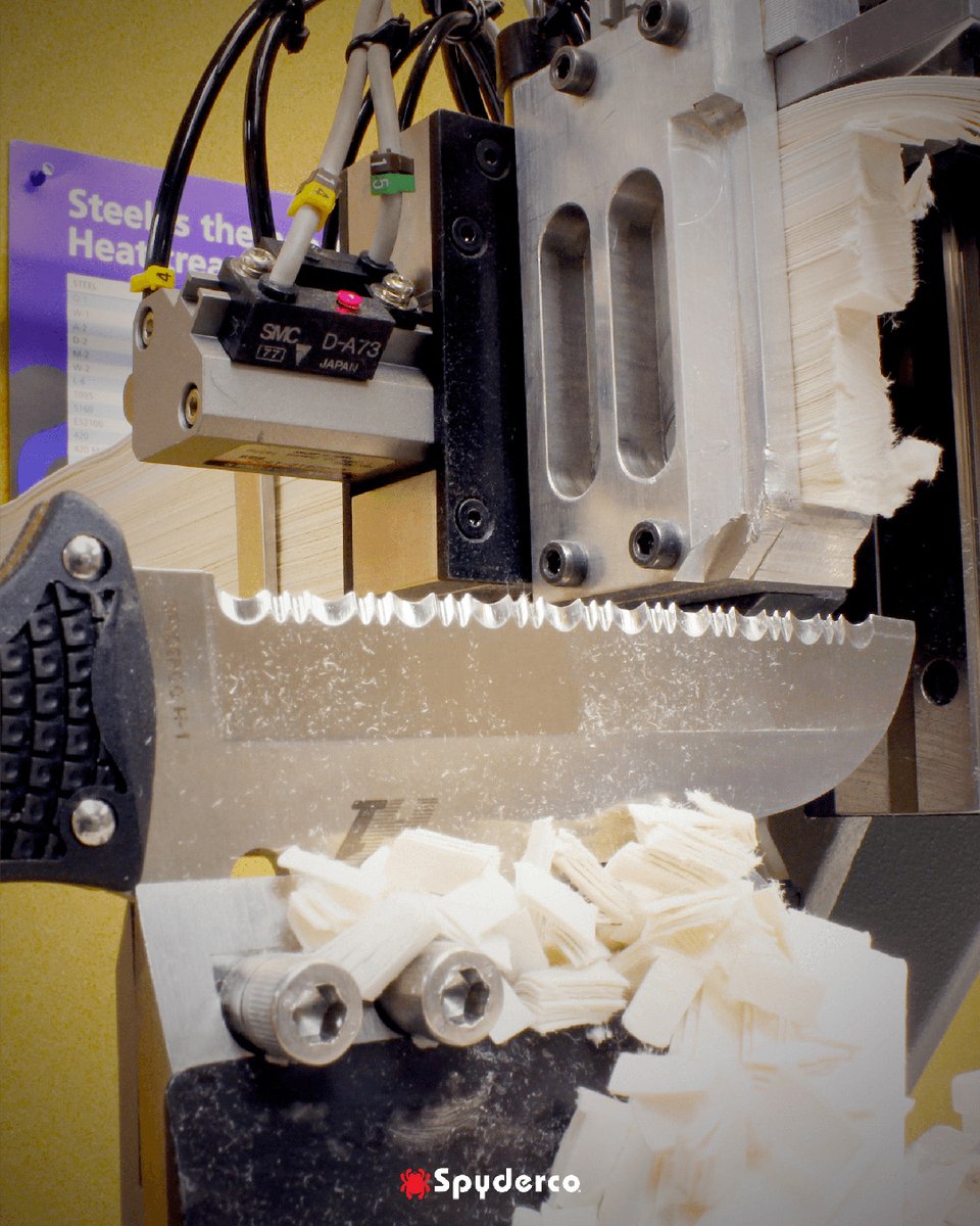 SpydercoKnives's tweet image. Spyderco has invested countless hours of R&amp;amp;D into perfecting the performance of our serrated edges. Here a first-gen Jumpmaster is put through its paces on our CATRA testing machine.

#SpydercoKnives #SerrationSaturday #Jumpmaster