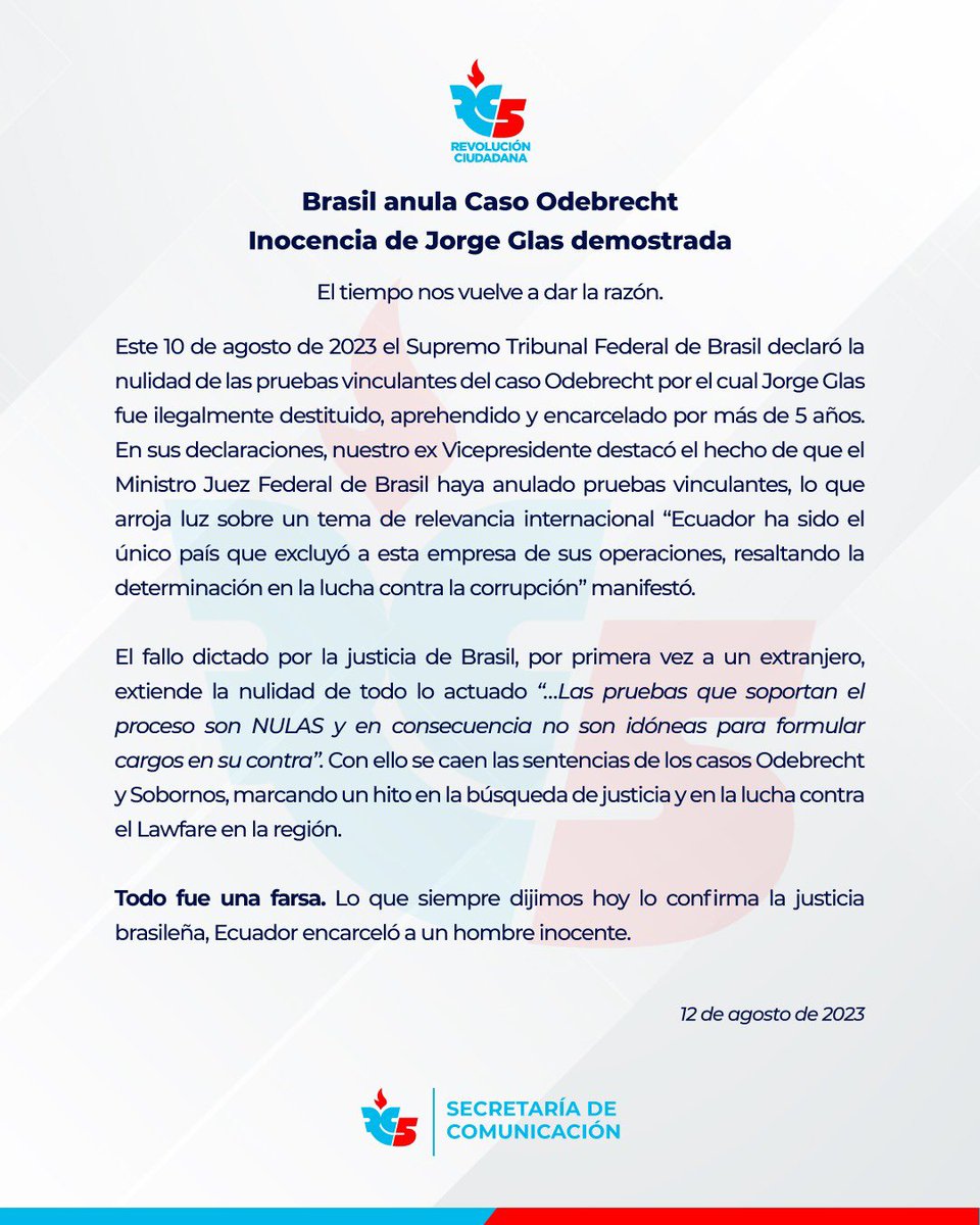 Brasil anula Caso Odebrecht | Inocencia de Jorge Glas demostrada.

El tiempo nos vuelve a dar la razón.🇪🇨