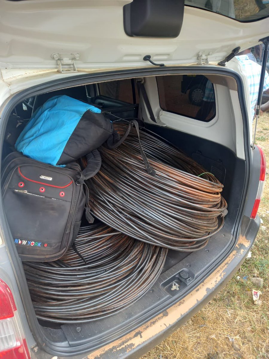 DCI_Kenya's tweet photo. VANDALIZED DATA CABLES RECOVERED 

Detectives have arrested three suspects and recovered a consignment of data cables believed to have been vandalized in Emali, Makueni County. 

In an operation conducted yesterday by detectives, the cables belonging to mobile communications service provider Safaricom, were recovered in a toyota probox at Kyumbi along the Nairobi-Mombasa highway, headed for the black market. 

This followed a report filed at Emali police post by a guard who noticed that the cables along Simba cement area had been vandalized, prompting the swift reaction by detectives who intercepted the motor vehicle. 

The suspects Cosmas Mutuku, Dominic Bosire,and Mulwa Nguthu who was the driver of the vehicle are currently in custody being questioned for more details into their trade, before being arraigned in court on Monday. 
 #FichuakwaDCI  0800722203