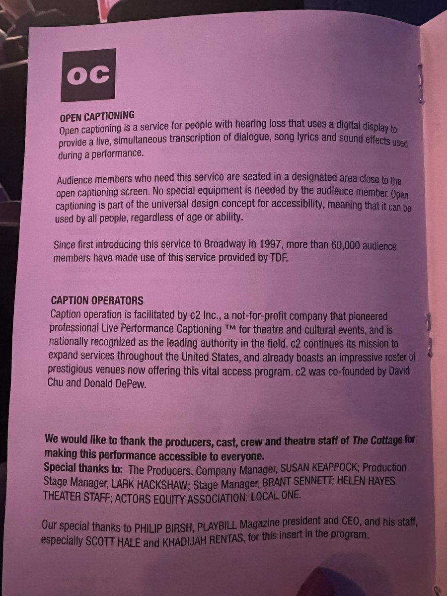 TDFNYC's tweet photo. Last week, TDF partnered with @TheCottageBway to host an #opencaption performance!
Open captions are visible to the audience the entire show and provide an #accessible viewing experience for all. https://t.co/QHE90jt9If