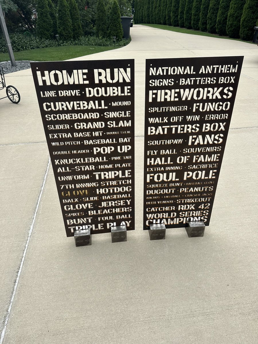 RonKittle42's tweet photo. Water jetted 1/4” plate steel with Baseball words and these bad boys are going in to the White Sox lobby at Gate 4.  Had these finished for awhile.. but we all know that bad flu messed everything up. How do you like that patina 😀😎 and they are going to be back lit!! https://t.co/ax0ztA52zt