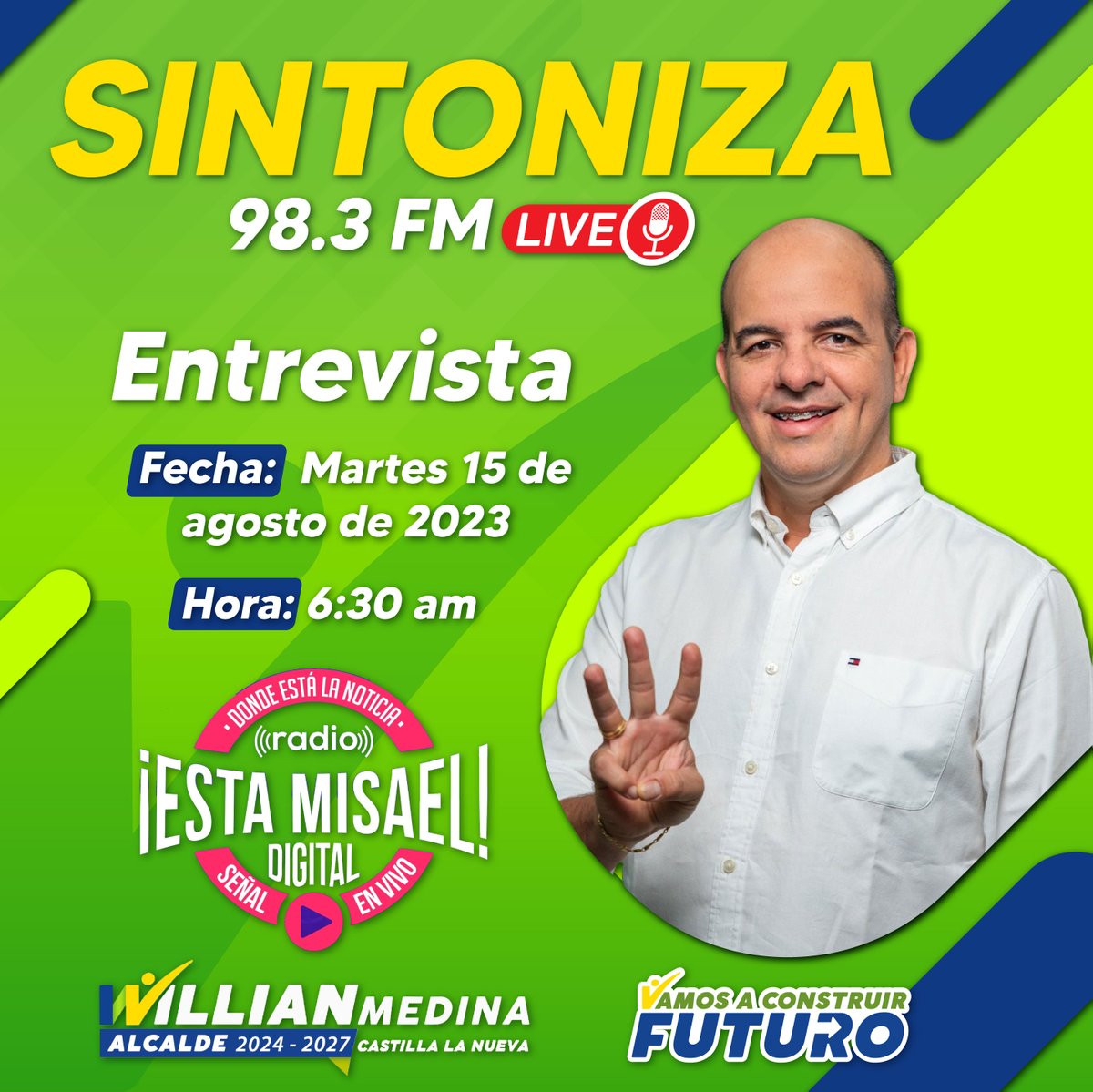 WMedinaCaro's tweet photo. #WAlcalde | Castellanos este martes 15 de agosto, estaré en entrevista con Misael Fierro Guayara en la 98.3 fm. ¡Conéctate y participa! Un espacio para hablar del mejor Programa de Gobierno para Castilla la Nueva. #BienestarConEmpleoYEducación #VamosAConstruirFuturo https://t.co/QxwyW3wrhk
