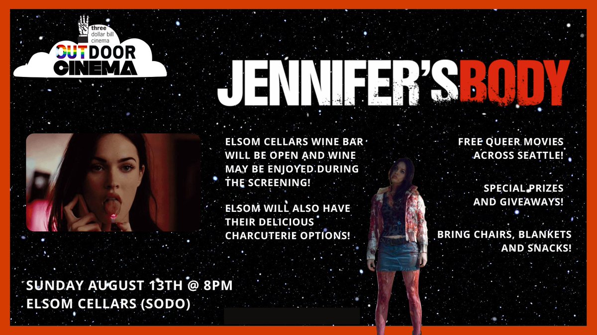 Three Dollar Bill Cinema (@3dollarbillcine) on Twitter photo Join us Sunday at <a href="/ElsomCellars/">Elsom Cellars</a>, 8pm!
FREE SCREENING of #JennifersBody
Bring your blankets and chairs for comfort!
Elsom's wine selections/charcuterie spreads on sale!
Enjoy them throughout the screening!
More info: threedollarbillcinema.org/outdoor-cinema…
#TDBC #OutdoorScreening #Seattle Join us Sunday at <a href="/ElsomCellars/">Elsom Cellars</a>, 8pm!
FREE SCREENING of #JennifersBody
Bring your blankets and chairs for comfort!
Elsom's wine selections/charcuterie spreads on sale!
Enjoy them throughout the screening!
More info: threedollarbillcinema.org/outdoor-cinema…
#TDBC #OutdoorScreening #Seattle