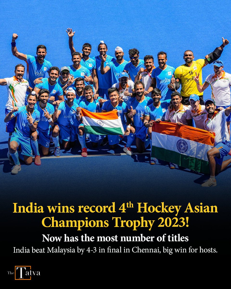thetatvaindia's tweet photo. With a comeback from the score of 1-3 and scoring 2 goals within a minute, India have won the final game of Asian Champion Trophy 2023 against Malaysia with a 4-3 margin. What a game it was!

India now have four Asian Champions Trophy titles and that makes them the most successful team in the history of the tournament. Pakistan, with three titles, are at the second spot now.

For India, Jugraj Singh (ninth minute PC), Harmanpreet Singh (45′, penalty stroke), Gurjant Singh (45′) and Akashdeep Singh (56′) were on the scoreboard. The two goals India scored at teh end of the third quarter turned the game around.

It had thrill, it had passion and the best was the comeback from both the sides. India ended on the winning side but Malaysia were no less as they put on a neck-and-neck fight. They even dominated the game at one stage and put India under the pump, but hosts managed to pull off the remarkable victory.
.
.
.
#TheTatva #TatvaNews #India #Japan #Malaysia #Goal #Hockey #Sports #Athlete #TeamIndia #Chennai #Host #Final #AsianChampionsTrophy #Asian #Trophy #Champions