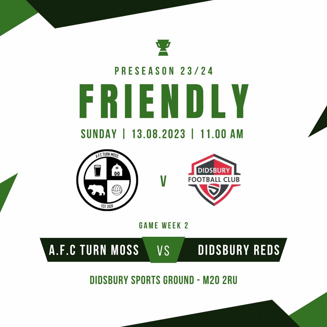 Tomorrows game! 🟢⚫️

🗓️ Sunday 13th August
⏰ 11:00 AM KO
🆚 <a href="/DidsburyFCReds/">Didsbury FC Reds</a> 
🏟️ Didsbury Sports Ground M20 2RU
💷 FREE!

#sundayleague