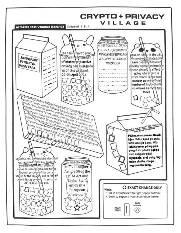 CryptoVillage's tweet photo. By popular demand, our #DEFCON31 cryptography puzzles are now online for you to solve. Sharpen your cipher skills and (if you are here at the village) bringing us a full set of correct answers will win you prizes!
Additional puzzles from past years in the thread. https://t.co/wYUy1yxjJg