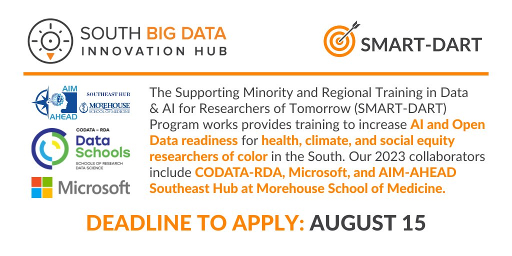TheNCDS's tweet photo. Applications are open for #SMARTDART, a #health, #climate, and #social equity cohort hosted by @SouthBigDataHub that aims to increase the readiness of researchers of color in the South pursuing #AI + #opendata research. #bigdata #datascience
https://t.co/5meVPbvGcf https://t.co/JABjmQwXkI