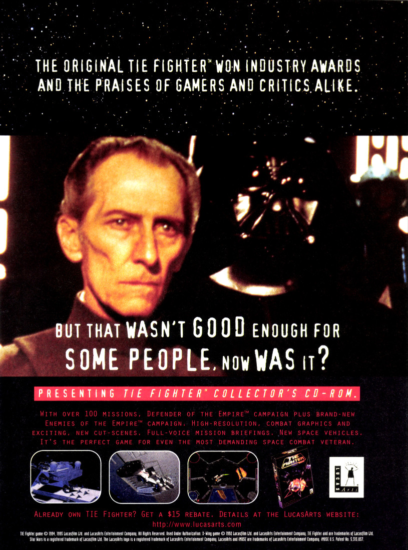 XwingGameSeries's tweet photo. TIE Fighter Collector's CD-ROM ad (US version, 1996).
"It's the perfect game for even the most demanding space combat veteran."
#tiefighter #starwars #lucasarts #lucasfilmgames #pcgaming #retrogaming #retrogames #retrogamer #dosgaming #dosgames https://t.co/2ee1mu0u7V