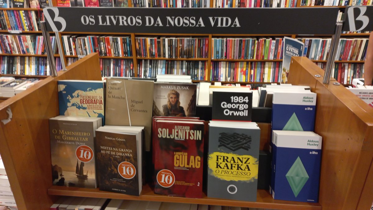 IPEV_Markus's tweet photo. Someone in this bookshop has a good sense humor: The books of our life - George Orwell/1984, Aldous Huxley/The Island, Aleksandr Solshchenitzyn/Gulag, Franz Kafka/The Trial https://t.co/pKqs8huupl