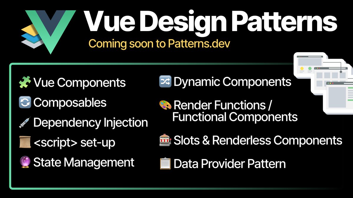 Like @vuejs? Happy to share @lydiahallie and I are teaming up with @djirdehh (author of Fullstack Vue) to bring a free Vue design patterns guide to Patterns.dev 🥳 Excited to share more updates soon. Stay tuned!