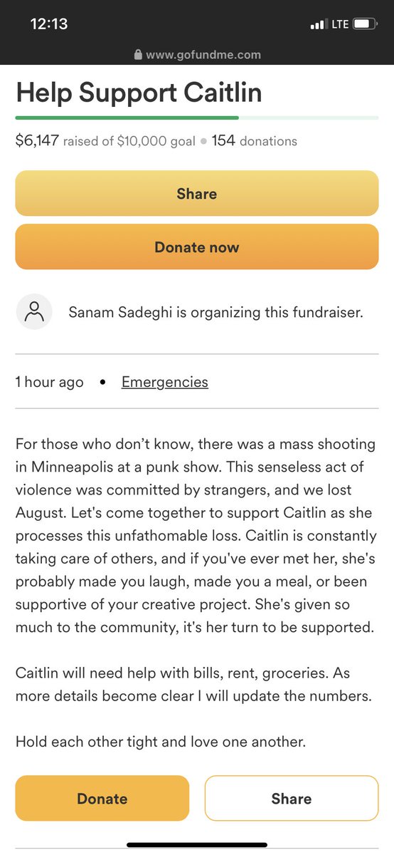 NikeScarKyle's tweet photo. TW: death 

there was an unprovoked mass shooting at a punk show last night and Caitlin lost their partner. 

They’re going to need help getting by, and with other expenses as a result of this. 

Please RT if you can. Donate if you can. Thank you. 

https://t.co/UUo4kCNo0x https://t.co/mVMgTrLtTD