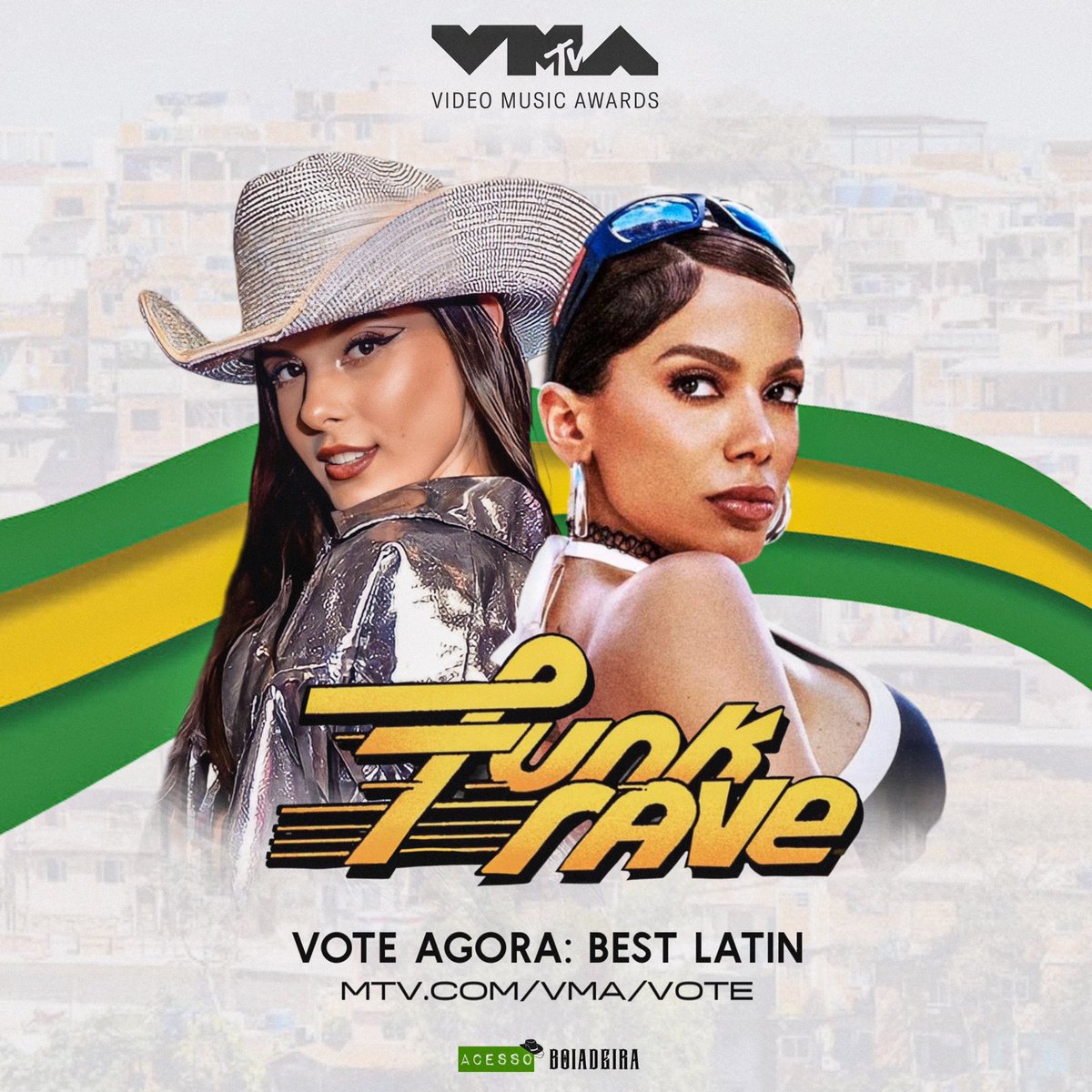 accessboiadeira's tweet photo. A BOIADEIRA E A GIRL FROM RIO 🇧🇷

A Anitta foi indicada na categoria “Best Latin” com o single “Funk Rave” no VMAs 2023, sendo o primeiro Funk a ser indicado em uma das premiações musicais mais importantes do mundo e a única artista brasileira indicada, representando nosso país. 

A pedido das patroas, entramos em parceria com os Anitters e convocamos todos os Boiadeiros para acessar o link, votar 20 vezes na Anitta e ajudar ela a trazer esse prêmio tão importante para o Brasil. 🏆 

A Boiadeira conta com a ajuda de vocês! 💚

https://t.co/m7biVAfyCa