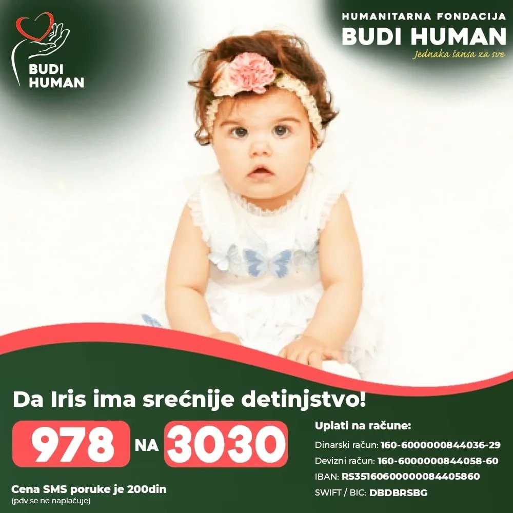 Pomozimo Iris!
Upišimo 978 i pošaljimo SMS na 3030 (retweet hvala)

budihuman.rs/sr/korisnik/97…

#budihuman