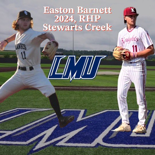 Easton Barnett (@eastonbarnett) on Twitter photo I am excited to announce that I am continuing my academic and athletic career to Lincoln Memorial University. I want you thank my family, friends, teammates and coaches that helped me along the way. <a href="/LMUbaseball/">LMU Railsplitters ⚾️</a> <a href="/LMUCoachWoody/">Justin Haywood</a> @Redhawks_8AAAA <a href="/KNIGHTS_BASEBTN/">KNIGHTS BASEBALL</a> I am excited to announce that I am continuing my academic and athletic career to Lincoln Memorial University. I want you thank my family, friends, teammates and coaches that helped me along the way. <a href="/LMUbaseball/">LMU Railsplitters ⚾️</a> <a href="/LMUCoachWoody/">Justin Haywood</a> @Redhawks_8AAAA <a href="/KNIGHTS_BASEBTN/">KNIGHTS BASEBALL</a>