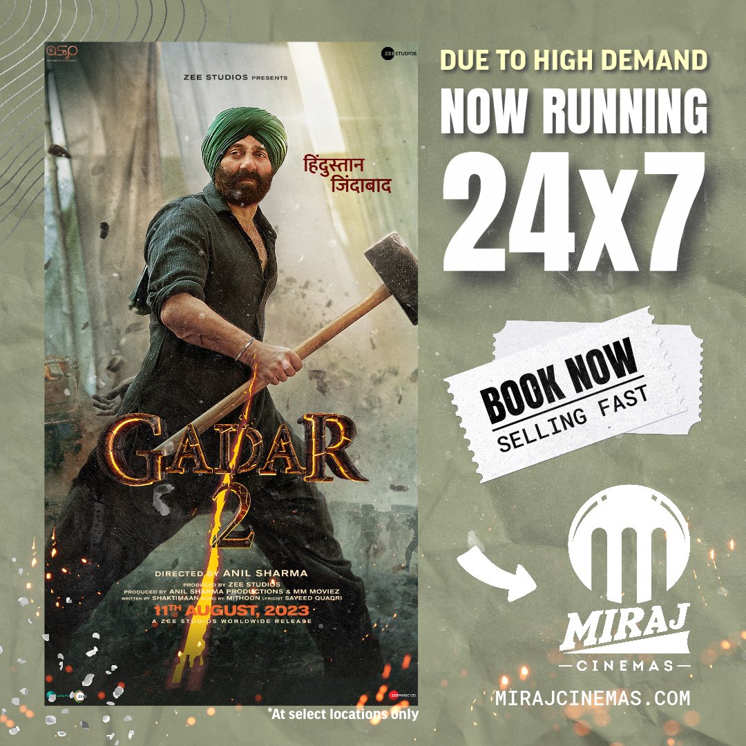 Miraj Cinemas (@mirajcinemas) on Twitter photo 🎬The sensation continues! Due to overwhelming demand, we're now screening #Gadar2 around the clock at Miraj Cinemas. Yes, you heard it right – midnight shows for our favourite <a href="/iamsunnydeol/">Sunny Deol</a>
Book your tickets today, join the wave and be part of the 'Gadar 2' magic! Link in 🎬The sensation continues! Due to overwhelming demand, we're now screening #Gadar2 around the clock at Miraj Cinemas. Yes, you heard it right – midnight shows for our favourite <a href="/iamsunnydeol/">Sunny Deol</a>
Book your tickets today, join the wave and be part of the 'Gadar 2' magic! Link in