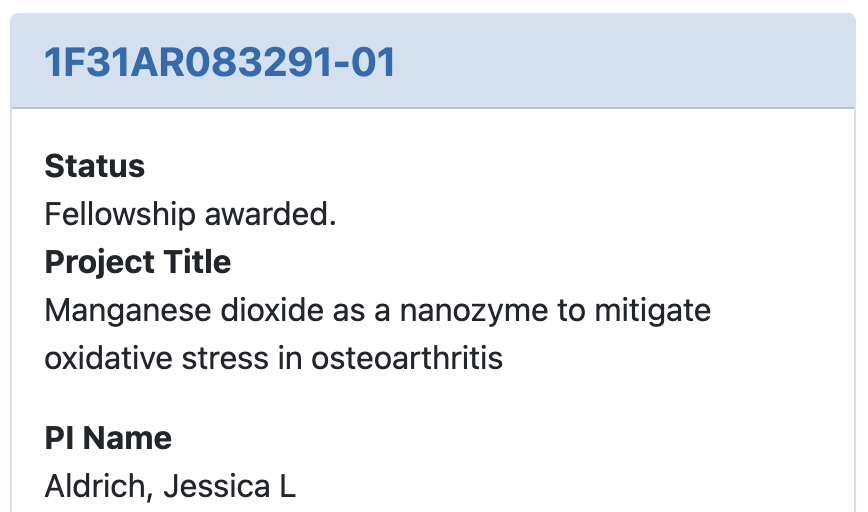 Excited to officially announce that my F31 (Ruth L. Kirschstein Predoctoral Individual National Research Service Award) has been funded! 

A huge thank you to <a href="/BlankaSharma/">Blanka Sharma</a> and <a href="/OrthoBME/">Kyle Allen</a> for their support in preparing this grant and throughout my PhD!
