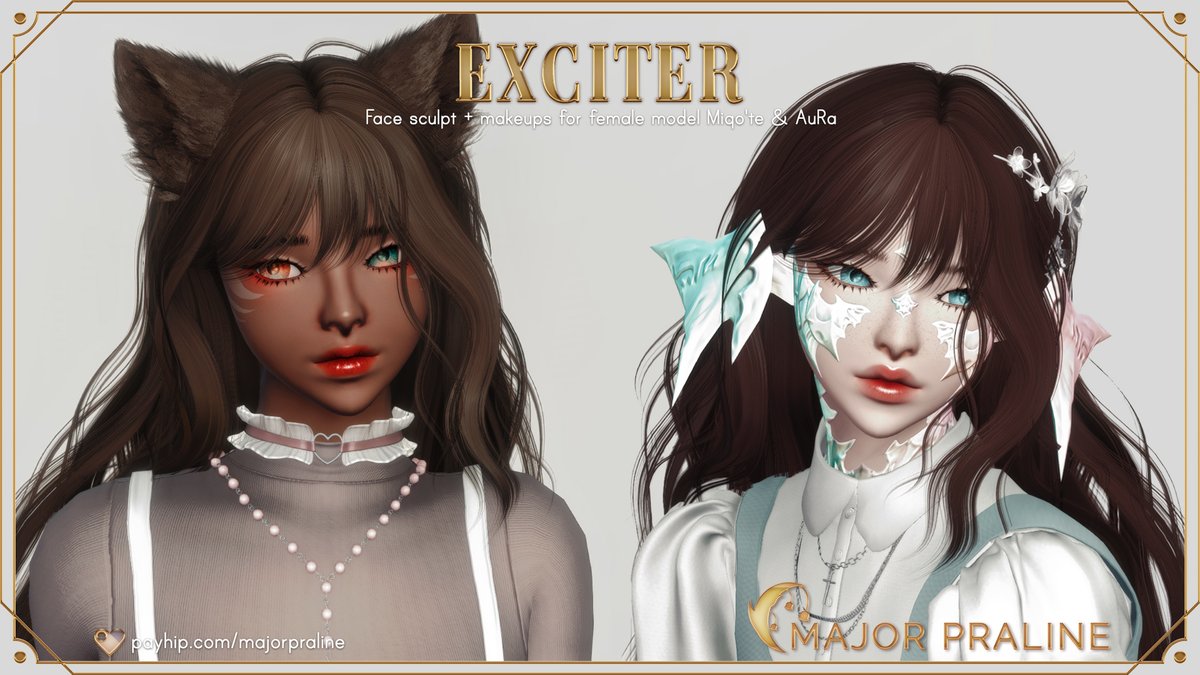 Major Praline on X: EXCITER face sculpt is now available!   Hi-poly sculpt for all female model Miqo'te & AuRa  faces, clanmarks or clanless, with scales or scaleless, 4 makeup options,  custom