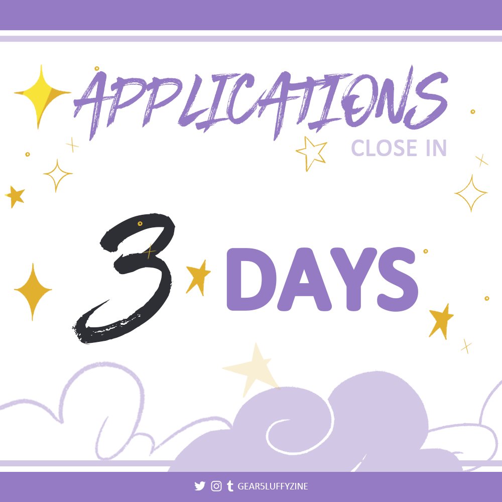 gear5luffyzine's tweet image. ☀️ Apps Close In 3 Days! ☀

Contributor applications close on August 15th. 💜 There's still time to apply!

⛅ Artist App: bit.ly/G5Artist
⛅ Merch App: bit.ly/G5Merch
⛅ Writer App: bit.ly/G5Writer
