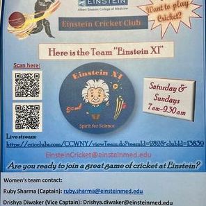 Are you ready to play a great game of cricket?

Introducing the first women's Cricket Team at Einstein-Women’s Team Einstein XI.

Contact EinsteinCricket@einsteinmed.edu if you are interested in joining either team or the women's team captain/vice captain for more information!