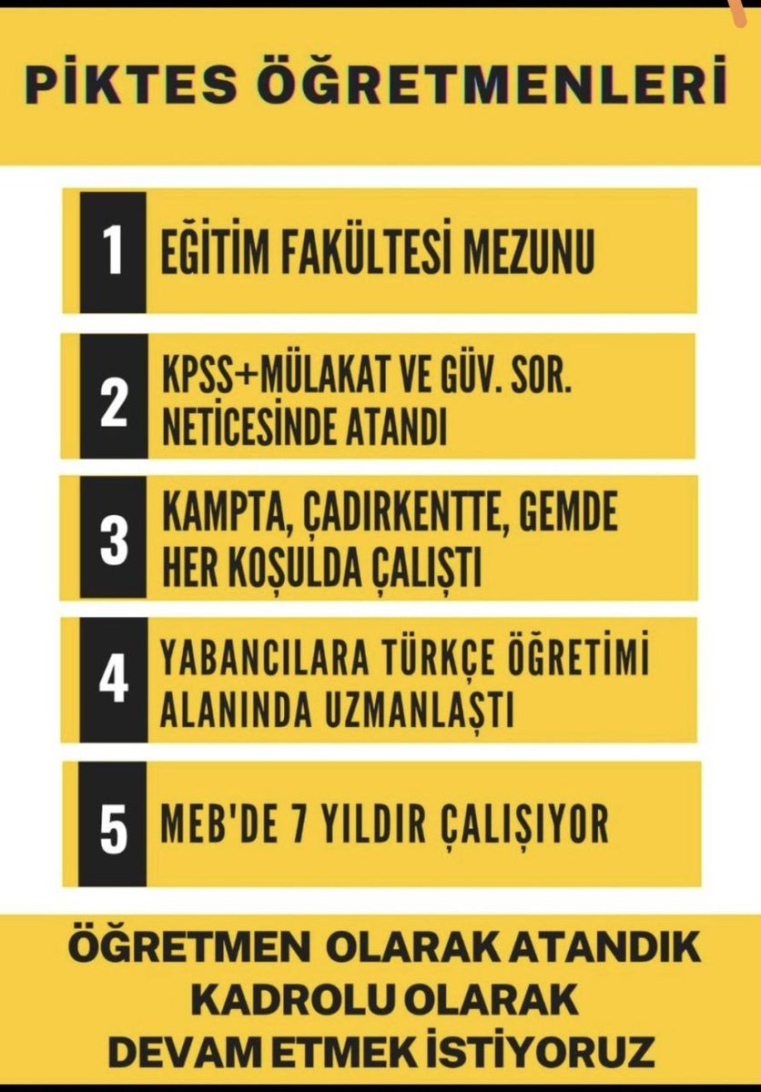 KPSS, mülakat ve güvenlik soruşturması aşamalarından geçerek göreve başlayan 7 yıldır her türlü zor koşullarda görevini sürdüren Piktes Öğretmenleri olarak Sayın Bakanımızdan Cumhuriyetimizin 100. yılında 'kadro' müjdesi bekliyoruz.
#BakanımPikteseKadro 
<a href="/tcmeb/">Millî Eğitim Bakanlığı</a>
<a href="/Yusuf__Tekin/">Yusuf Tekin</a>