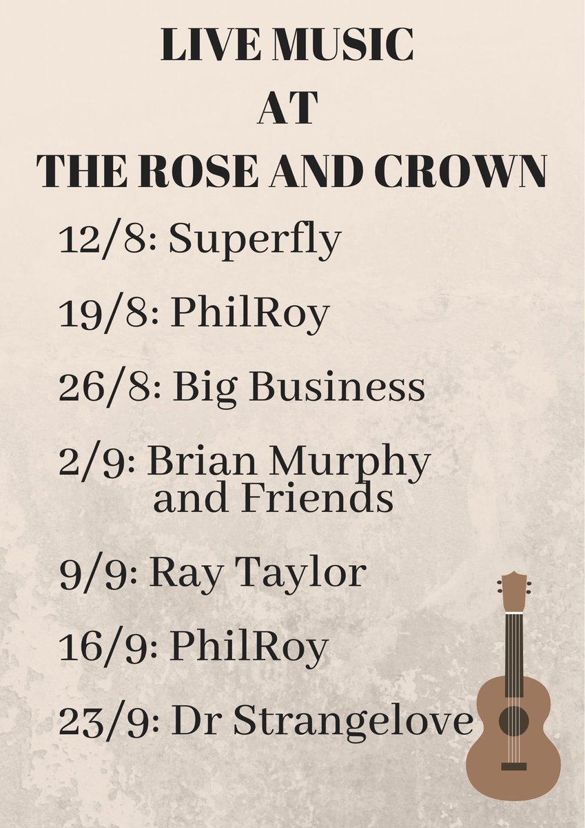 RoseAndCrownBeb's tweet photo. Here’s our live music line up for the next few weeks! 

Some great acts coming up - every Saturday from 9pm! https://t.co/9y5TUo4laI