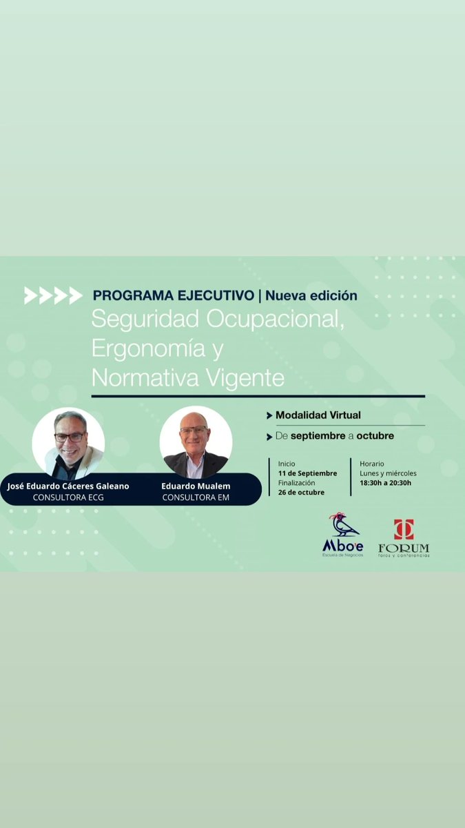 EduardoMualem's tweet photo. 💥 Mbo'e - FORUM: PROGRAMA EJECUTIVO
👉 Nueva Edición del Programa Ejecutivo de Seguridad Ocupacional, Ergonomía y Normativa Vigente.
#Mboe #FORUM
#Paraguay
#programaejecutivo
#seguridadocupacional
#ergonomía
#RosarioArgentina
#consultoraenhseeduardomualem
#eduardomualem https://t.co/sXw7zh7inN