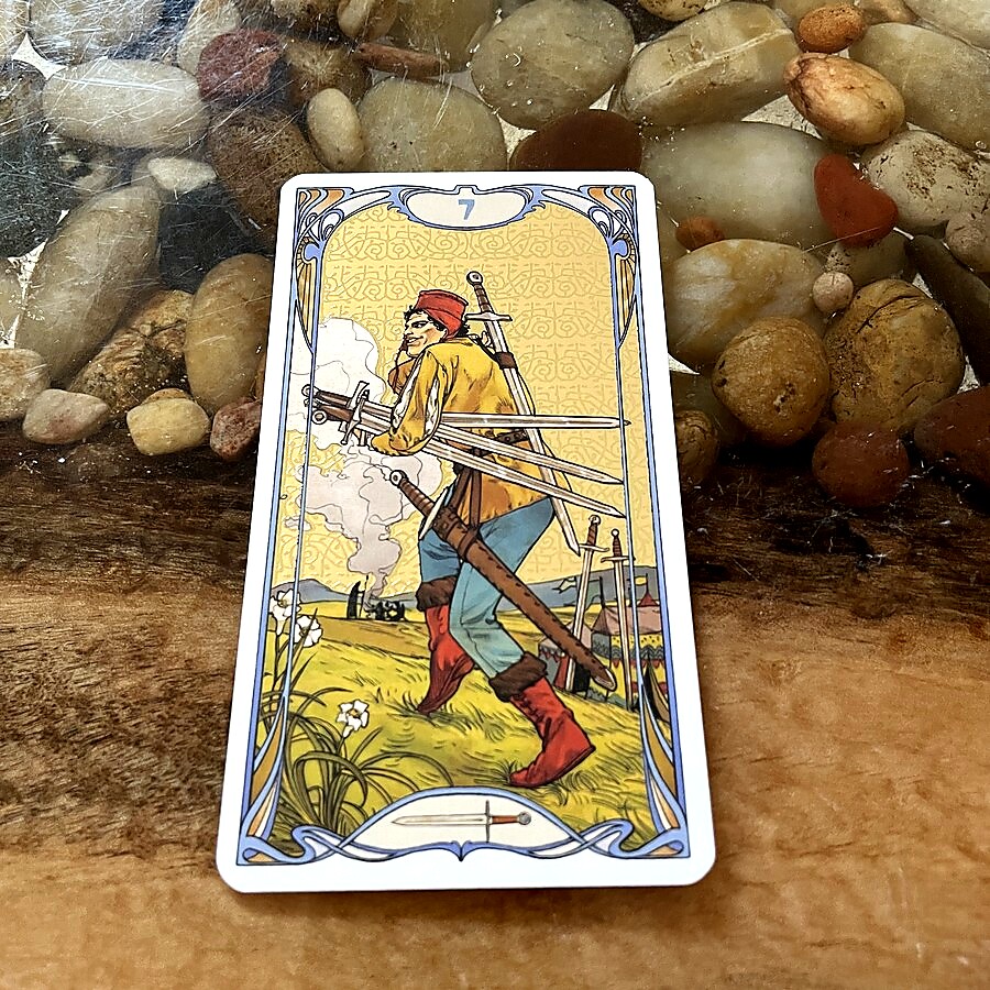 fenice's tweet photo. How does the 7 of Swords Tarot card's theme of strategy and deception relate to your experience of learned helplessness? Reflect on your potential for change. #TarotReflection #JungianSymbolism https://t.co/27PZY4AoDq