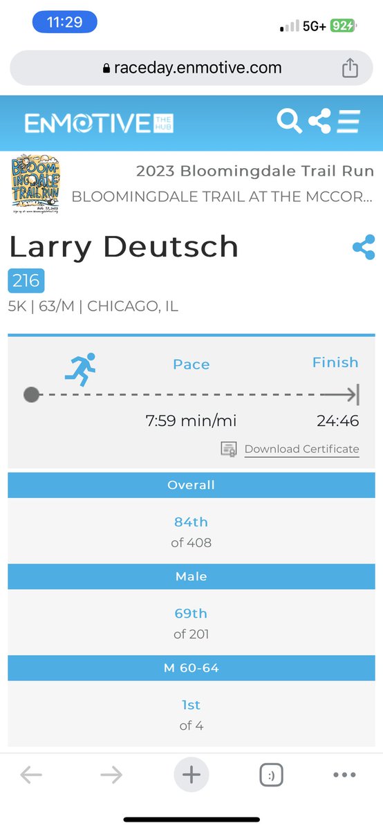 Larry_Deutsch's tweet photo. Thank you @springsteen for powering me to a PR at @the606chicago #BloomingdaleTrailRun and 1st Place finish for us 60+ yo’s. #borntorun indeed! https://t.co/NCb5fPjj6i