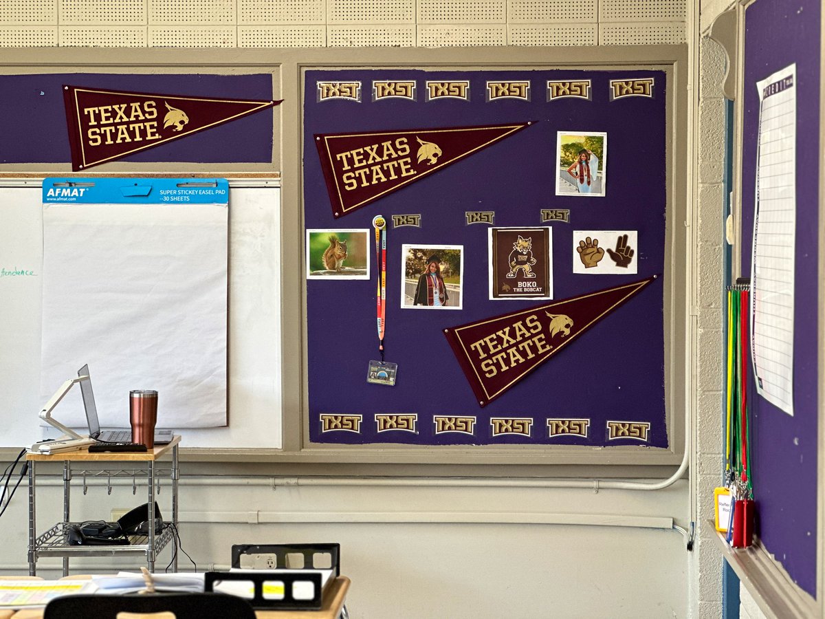 MaishaFarzana9's tweet photo. Shoutout to @txst University Marketing for sending me the #txst swag box π¦ in a timely manner! I was able to decorate my classroom with a true bobcat spirit on week 1 & my students love it! #GoCats πΎ #teacher #classroom #txstpride #middleschool @DevEdTxSt @TXSTGradCollege https://t.co/SwWaRS6rRT