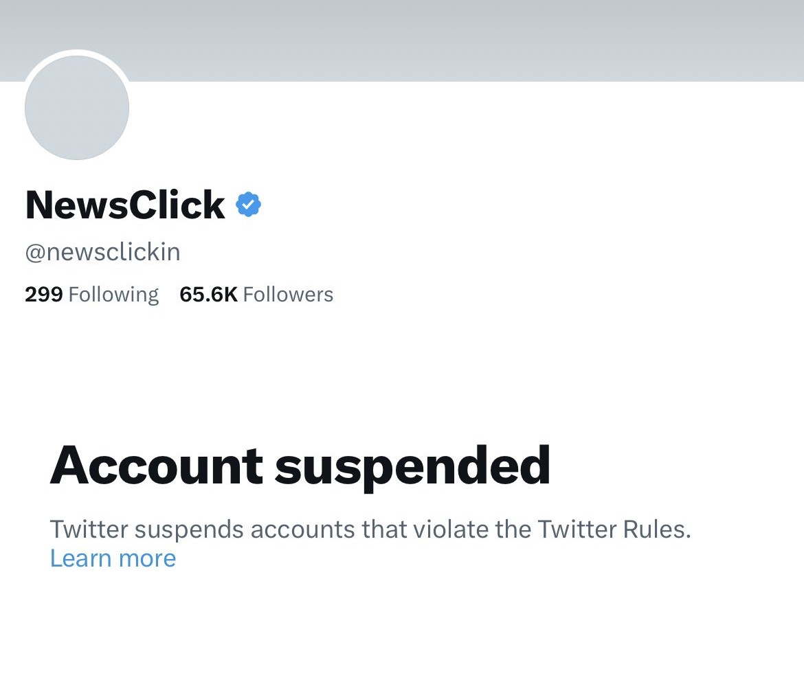 Twitter (or X) has suspended the account of <a href="/newsclickin/">NewsClick</a> - one of the most important media sites in India, which has been the premier place to report on the farmers' struggles and on other social struggles. Tell <a href="/X/">X</a> to restore the Newsclick account!