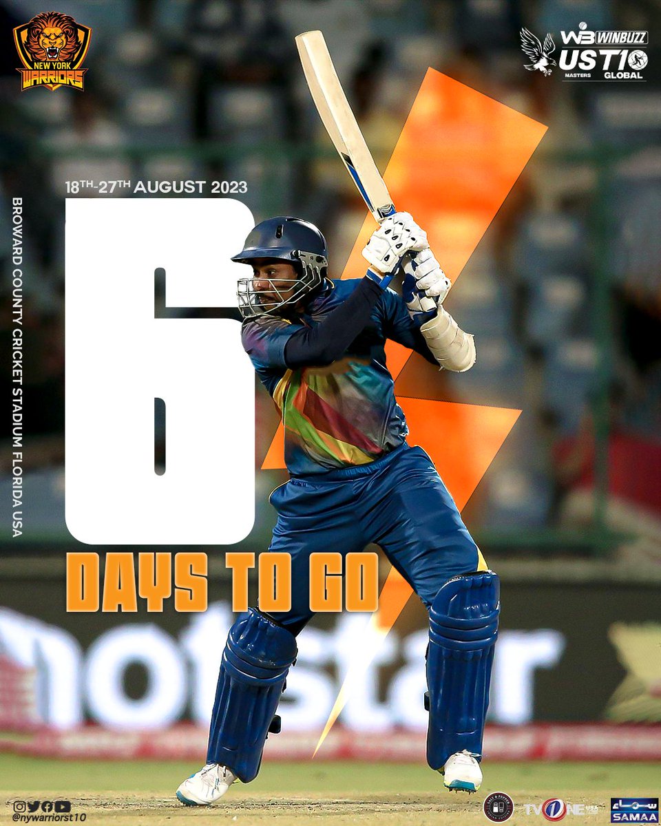 nywarriorst10's tweet photo. And the countdown to biggest carnival of cricket shortest format!
6 Days Left!
See you at #USMasterst10 @USMastersT10
#CricketsFastestFormat #T10League #NewYorkWarriors #NYWarriorsT10 #LetsConquerWarriors #LetsGoWarriors #RoarWithNYW
@falamb3 @iamqadirkhawaja @mirzaiqbal80 @MKamranawan23 @nywarriorst10 @Zain_Journalist @SAfridiOfficial @captainmisbahpk @imDhammika @chamarakapu @aijazz7 @GeoASKKS @iamqadirkhawaja @faizanlakhani @MubasharBPP @IamShaistaLodhi @SdqJaan @thePSLt20 @TV1USA @umaid_asif @WaseemBadami @AliHaidermusic @BakhtawarMah @NikkiChaudhuri @naveedrazaactor