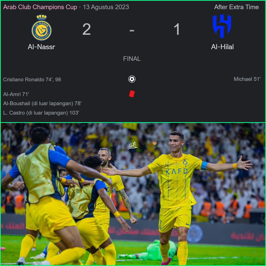 FaktaSepakbola's tweet photo. WHAT A MATCH! 🔥 Al-Nassr juara Piala Klub Arab 2023 🏆

Menit 71' pemain Al-Nassr kartu merah saat sedang tertinggal 1-0 dr Al-Hilal

Menit 74' Cristiano Ronaldo cetak gol penyama kedudukan

90' skor 1-1, lanjut extra time

Menit 98' Ronaldo cetak gol kemenangan 2-1 Al-Nassr 🥶

Ronaldo pahlawan kemenangan Al-Nassr, bawa Al-Nassr juara lewat 2 gol nya, meski bermain dengan 10 pemain!
