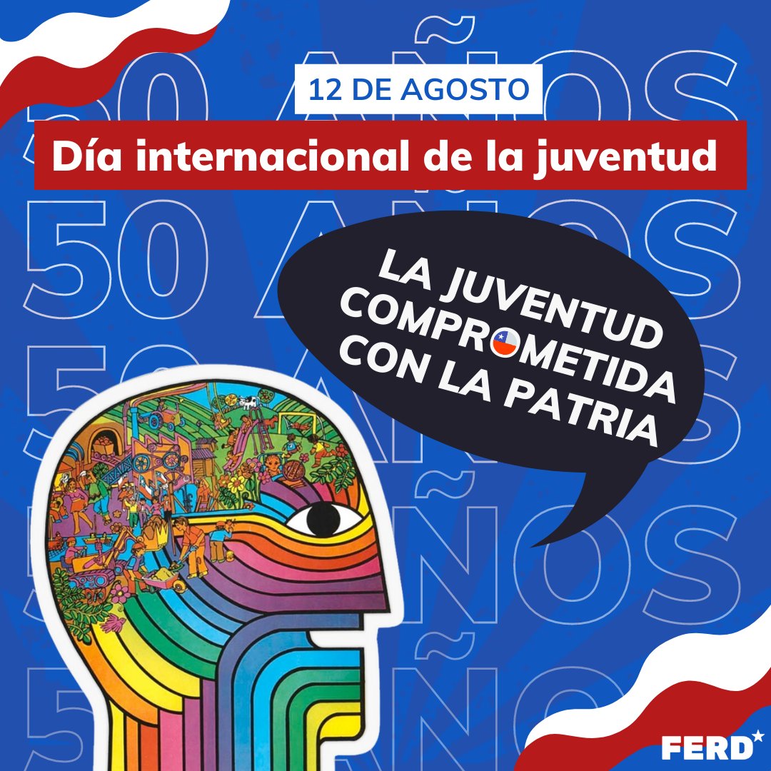 RD_Estudiantil's tweet photo. En este Día Internacional de la Juventud, desde el Frente Estudiantil de Revolución Democrática, queremos rendir homenaje a uno de los afiches más icónicos del gobierno de la Unidad Popular. ¡Los jóvenes seguimos luchando por un Chile progresista para las generaciones  futuras! https://t.co/Tou0sozMWb