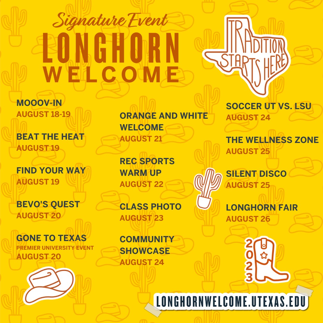 Welcome to the Forty Acres #UT27! Join @UTexasStudents and your fellow incoming Longhorns for 12 signature events and dozens of campus events August 18-26th.

We are excited to see you start living your Longhorn life at #LonghornWelcome!

More: longhornwelcome.utexas.edu
