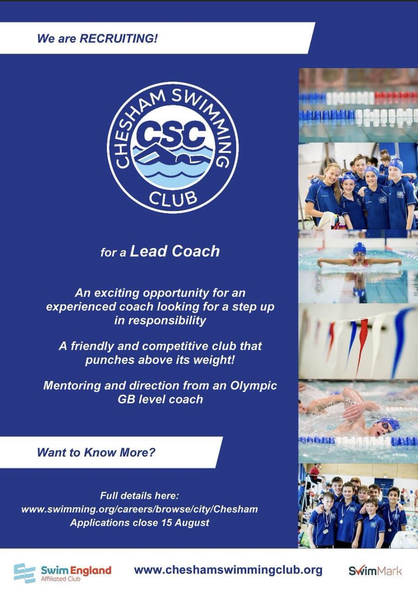 CheshamSC's tweet image. Applications for this great opportunity as lead coach close on Tuesday. If you would like to find out more about our club or the role, please follow the link in the flyer #teamchesham #swimcoach #swimcoachopportunity #swimcoachjob #bucks