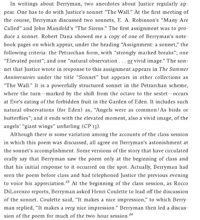 BorisDralyuk's tweet photo. Donald Justice was #BOTD in 1925. In 1954, at the University of Iowa, he submitted the following sonnet to satisfy an assignment for John Berryman’s workshop. Satisfy it he did. The poem appeared in his first volume. The account on the right is from Jerry Harp’s biography. https://t.co/0CaJQVff1k