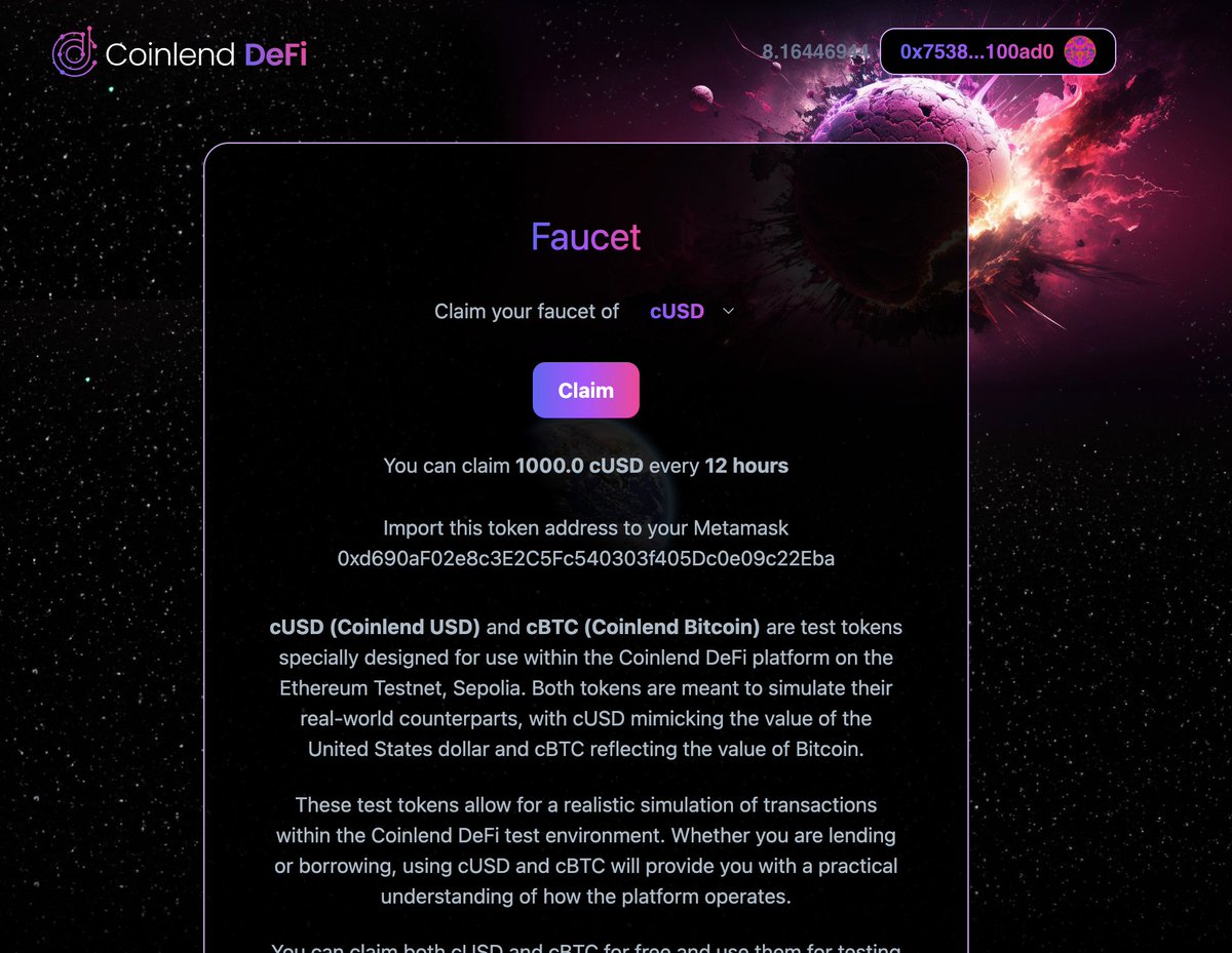 🚀 Want to explore CoinlendDeFi on the Sepolia Testnet? Grab 1000cUSD test tokens every 12 hours! Start claiming now: buff.ly/3Oq3EBq Dive in and test away! #Sepolia #DeFi #TestToken #Coinlend