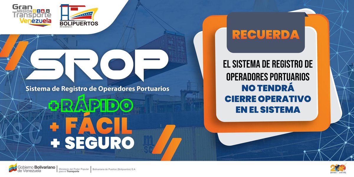 Bolipuertos__ve's tweet photo. 🌐 Operador Portuario 📢
Bolivariana de Puertos dispone de un nuevo proceso para ingresos y renovación de expedientes de empresas en #SROP 💻
✅ ➕ Fácil
✅ ➕ Rápido
✅ ➕ Seguro
#SomosBolipuertos
#JóvenesValientes https://t.co/uriFDBh5XQ