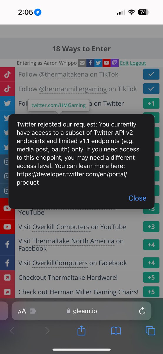 garonntm's tweet photo. @gleamapp twitter connection not working can’t claim entries into giveaway https://t.co/BxCQar5PE9