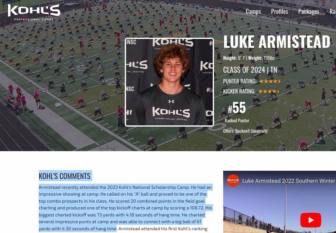 New ranking @Kohlskicking  and 4.5⭐️rating as both punter and kicker and now one of the “top combo prospects in the country”. At the Nat'l Scholarship camp I was #16 on KO and #34 on Punt vs. over 300 2024's. Thank you coaches! <a href="/wcsBHScf/">Brentwood Football</a> <a href="/wcsBHSge/">Coach Evans</a> <a href="/JamesWilhoit25/">James Wilhoit</a> <a href="/ThePuntFactory/">Aaron Perez</a>