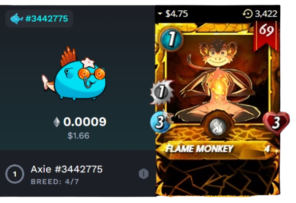 Astreon3's tweet photo. I compare this axie to the F. monkey because it was one of the first cards I was lucky enough to get in a daily Quest in 2021. I just want you to ask yourself: did you imagine that you could buy 1 Axie with a common reward card? #dbuzz #splinterlands #hbd #proofofbrain #neoxian https://t.co/SjaNDZyRox
