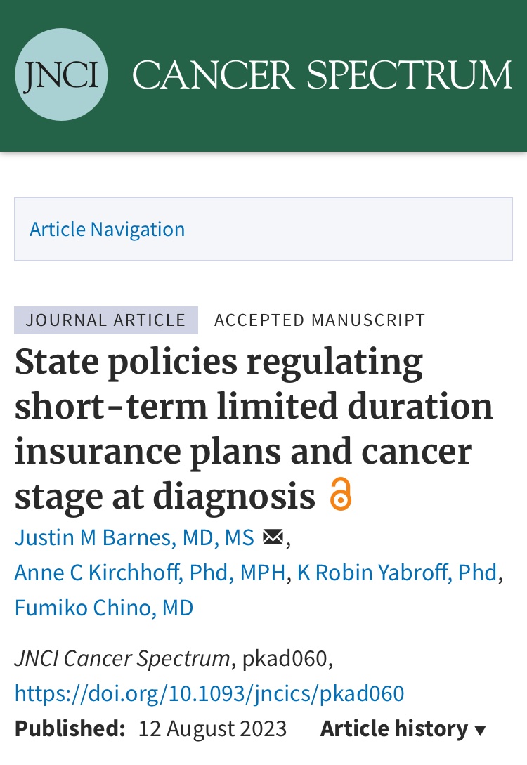 Barnes_J_M's tweet photo. Out today in @JNCI_Now #CancerSpectrum:
Prohibiting short-term limited duration (STLD) plans may ⬆️ % early-stage cancer diagnoses.
Our work is especially timely given the proposed federal rule (still open for comment!) limiting STLD plans! https://t.co/ox8epYtvyA