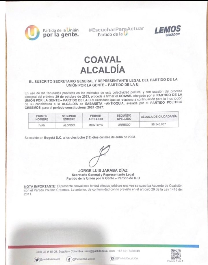antamanece's tweet photo. #papacaliente
@partidodelaucol también ratifica el apoyo a la campaña de @IVANALONSOM para la @AlcSabaneta. En los próximos días harán la adhesión oficial a la campaña. https://t.co/gylsRMgix1