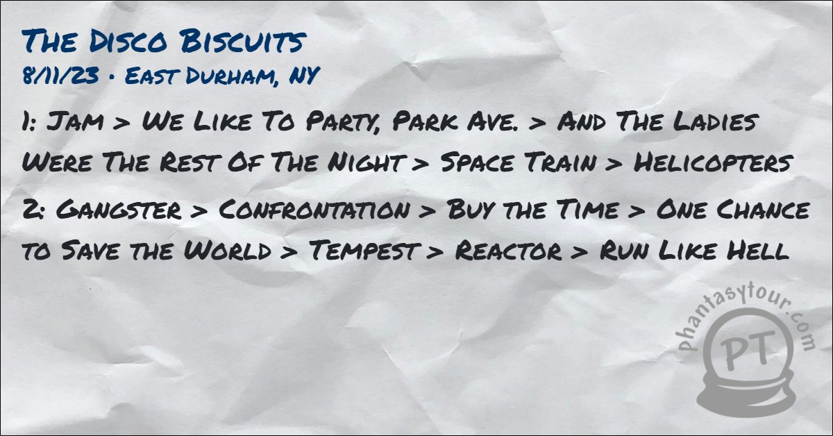8/11/23 <a href="/disco_biscuits/">The Disco Biscuits 🌲👽🌲</a> at <a href="/cmjubilee/">Catskill Mountain Jubilee</a>

More deetz: ptour.me/bisco-2023-08-…

Tour stats: ptour.me/bisco-stats-20…

#tdbsetlist #tdb #bisco #thediscobiscuits #discobiscuits #sorryifyoudont #theynastybuttheygood #ptsetlists #biscosetlists #biscostats <a href="/phantasytour/">Phantasy Tour</a>