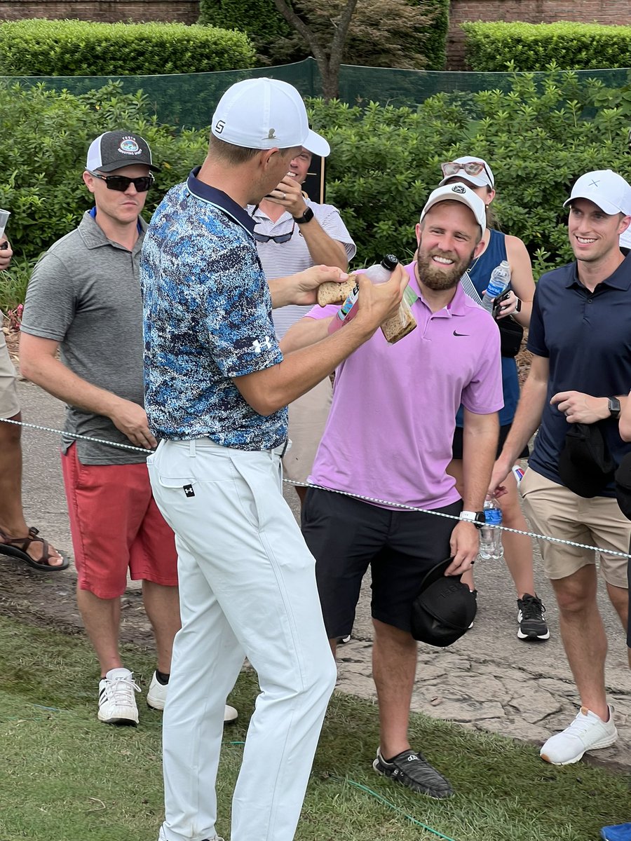 Jordan Spieth pulls out a sandwich after his tee shot on 16. 

Fan says, “Having a little snack?”

Spieth: “Want half? It’s peanut butter and banana.”

Then proceeds to hand over half of his sandwich.