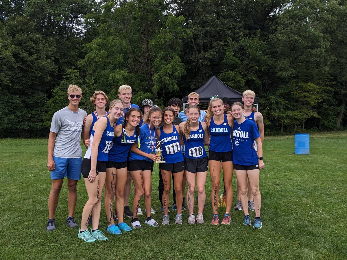 CarrollHSXC's tweet photo. Boys &amp; Girls combine for a 2nd place finish at the Snider Hokum Karem to start the season strong on a humid morning. Some HUGE improvements from last year, and lots of Competitors out there today! https://t.co/5MMzr5tBcL