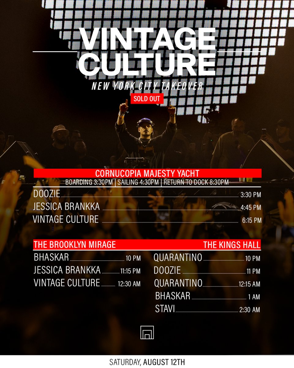 The Brooklyn Mirage (@brooklynmirage) on Twitter photo Today, <a href="/VintageCulture/">Vintage Culture</a> takes over NYC with sets aboard the Cornucopia Majesty Yacht & at The Brooklyn Mirage, both shows are SOLD OUT.
Boarding begins at 3:30pm for today's sunset cruise at Pier 40, 353 West St, Manhattan.
Doors open at 10pm for tonight's Brooklyn Mirage show. Today, <a href="/VintageCulture/">Vintage Culture</a> takes over NYC with sets aboard the Cornucopia Majesty Yacht & at The Brooklyn Mirage, both shows are SOLD OUT.
Boarding begins at 3:30pm for today's sunset cruise at Pier 40, 353 West St, Manhattan.
Doors open at 10pm for tonight's Brooklyn Mirage show.