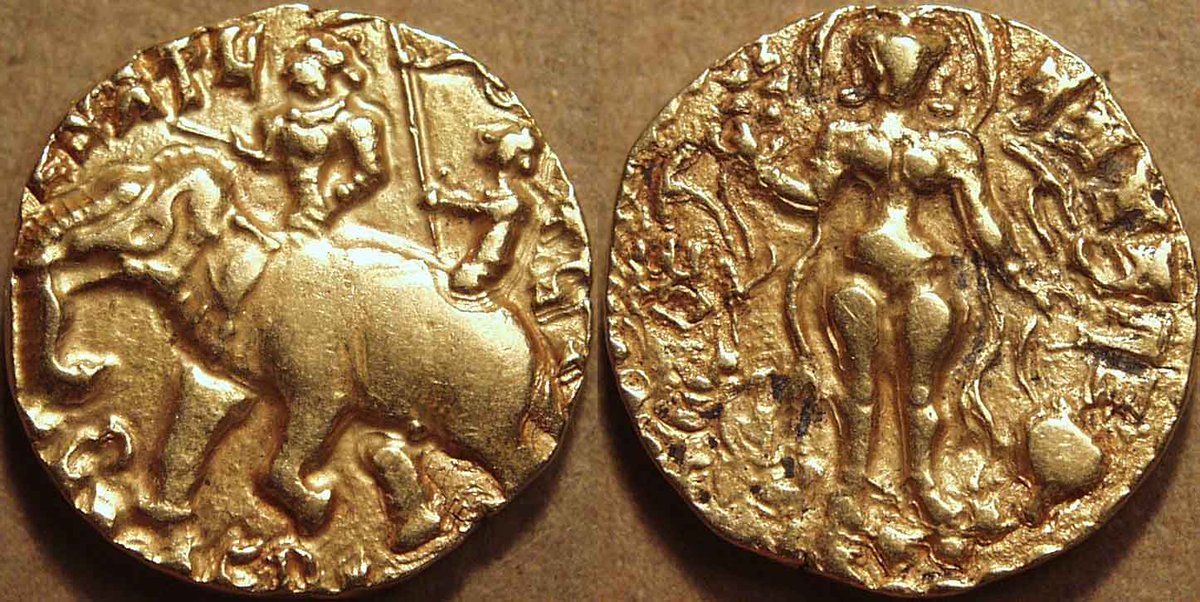 On the occasion of #WorldElephantDay,  'Elephant Rider' coins of Huvishka (c. 180 AD), and Kumaragupta-I (414-455 AD).